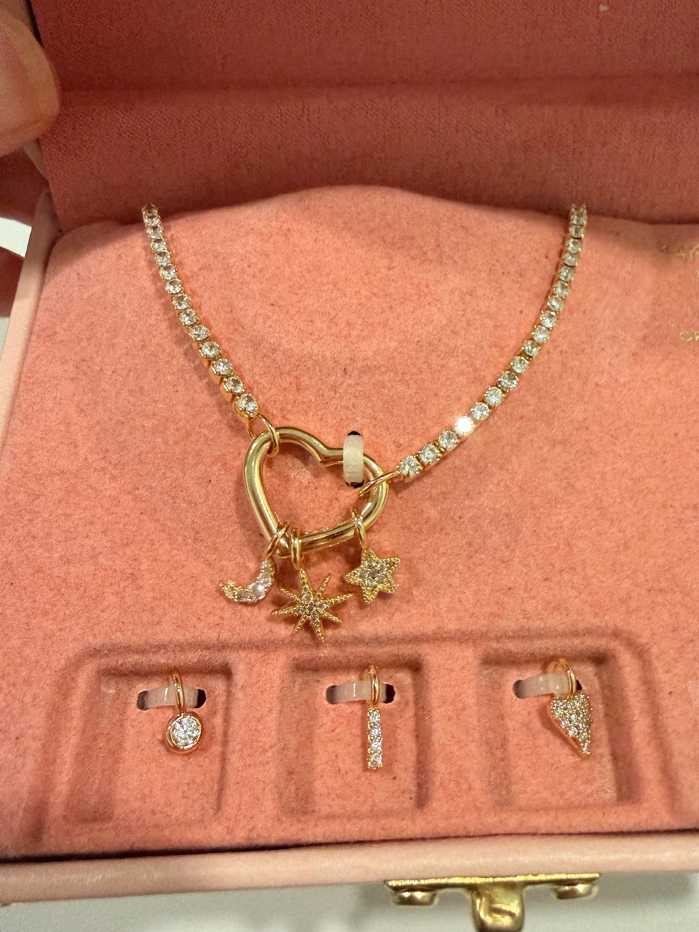 14K Gold Plated Crystal Charm Necklace Customizable Heart & Star Jewelry-Box set